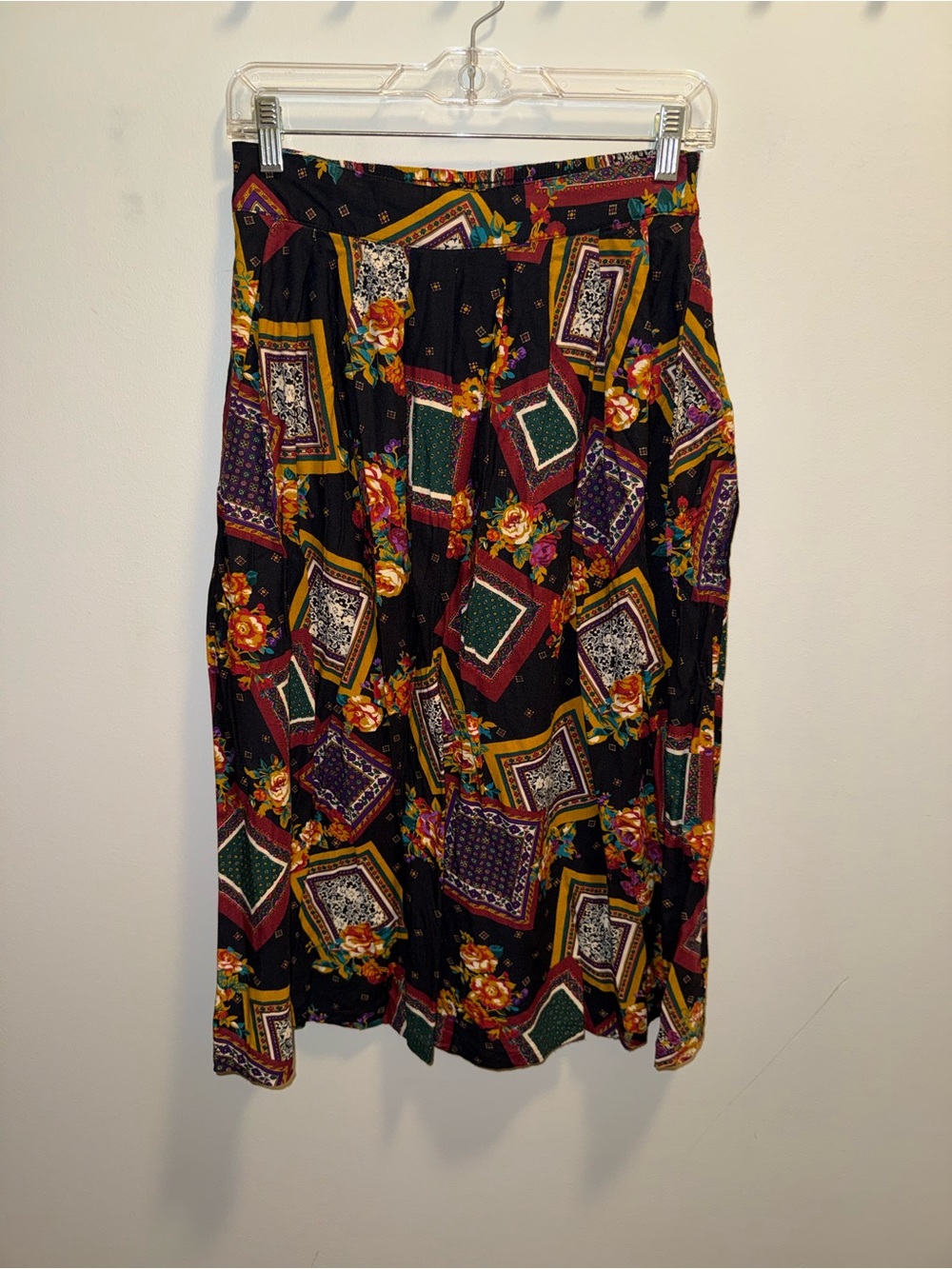 Briggs New York Black Patchwork Floral Midi Skirt with Green & Burgundy Accents